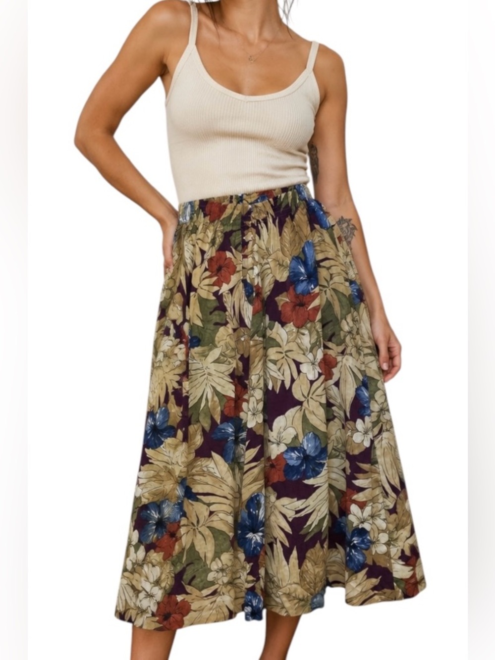 Vintage Alfred Dunner Tropical Hibiscus Elastic Waist Midi Skirt Size Medium